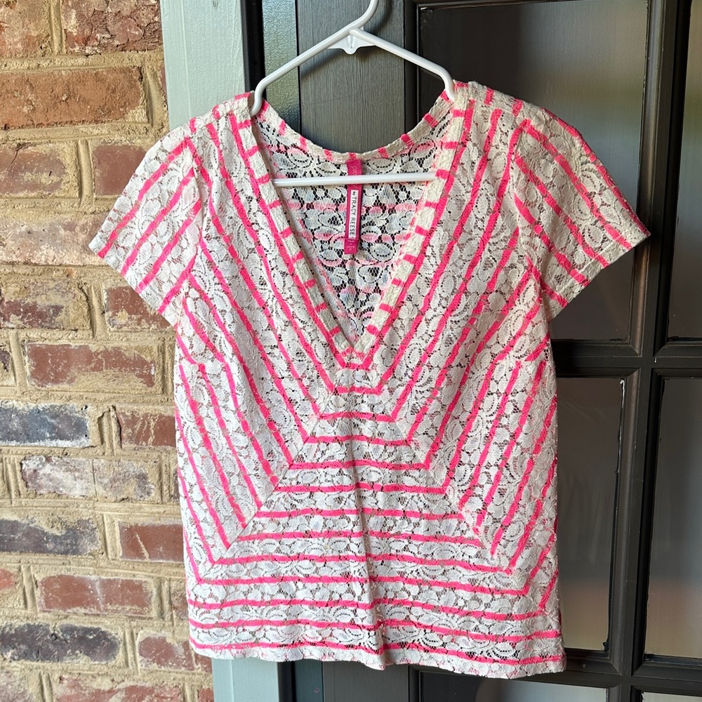 Plenty by Tracy Reese - Size P(XS) - Cream & Pink Stripe Lace Short Sleeve Top